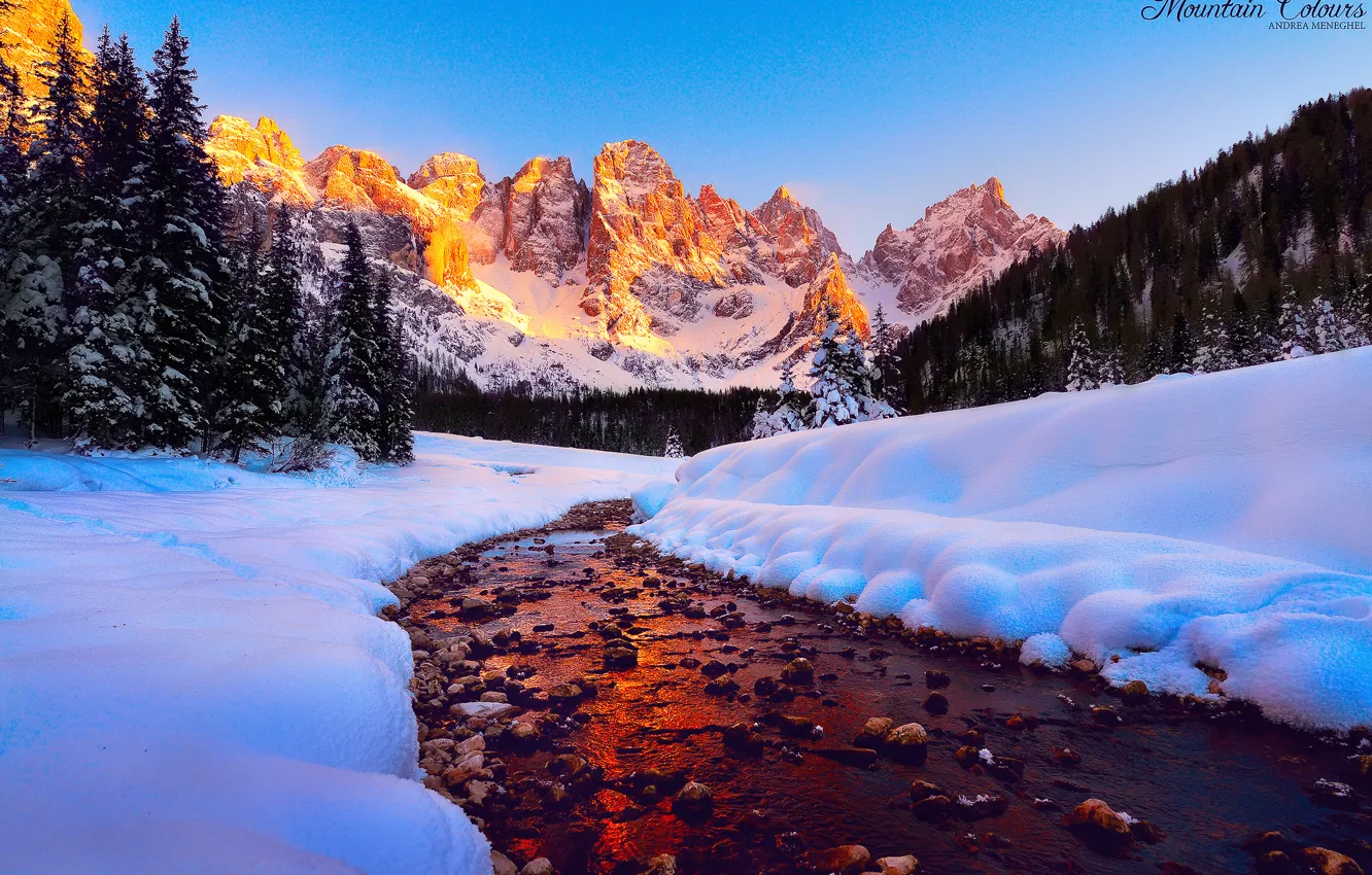 Фото обои лес, небо, свет, снег, горы, река, вершины, Доломитовые Альпы