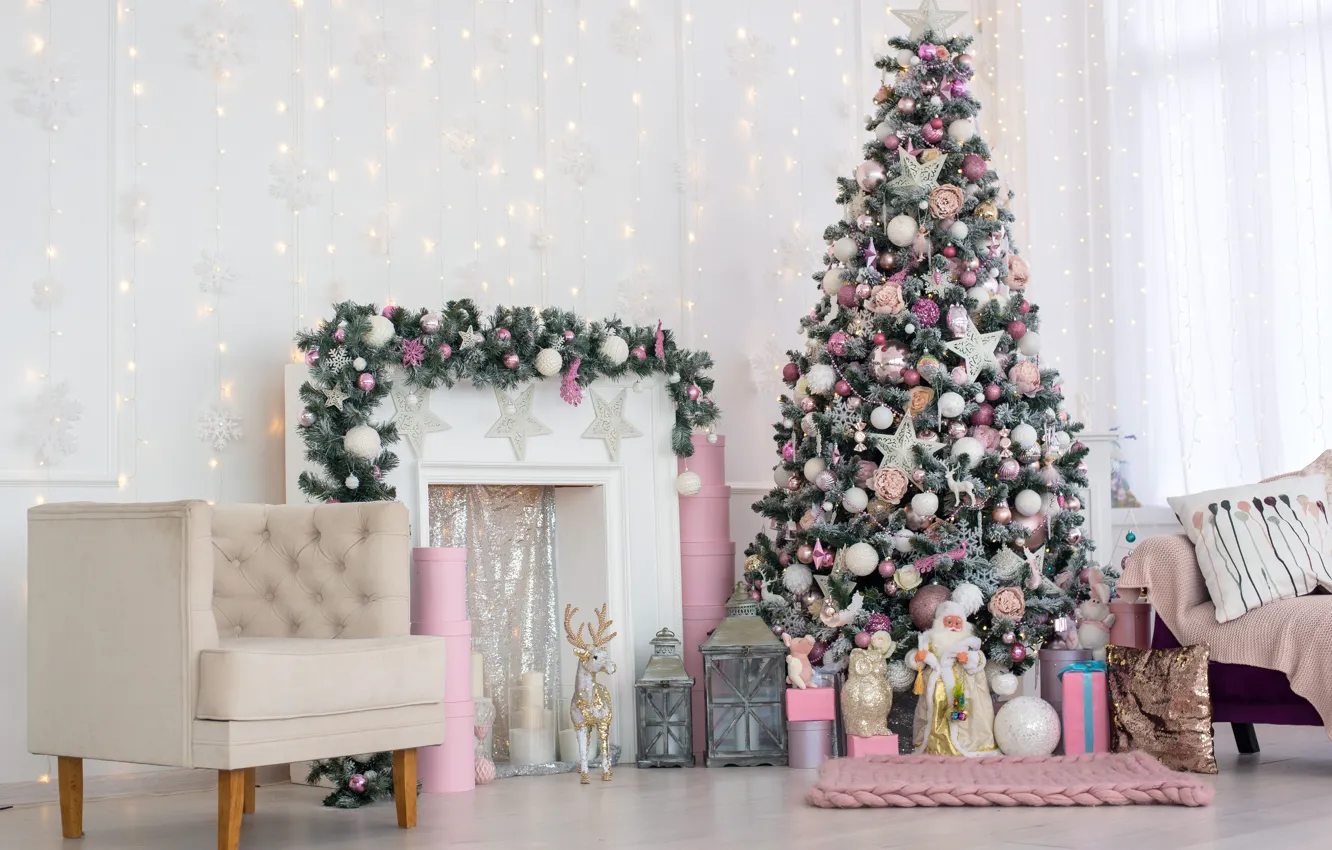 Фото обои елка, Рождество, подарки, Новый год, камин, new year, Christmas, design