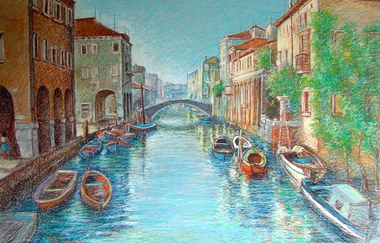 Фото обои лодки, Венеция, канал, пастель, Italy, Venezia