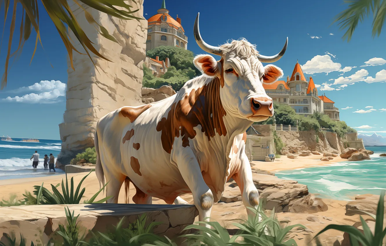 Фото обои побережье, дома, коровы, цифровое искусство, ИИ-арт, Искусство искусственного интеллекта, НЕЙРОСЕТЬ