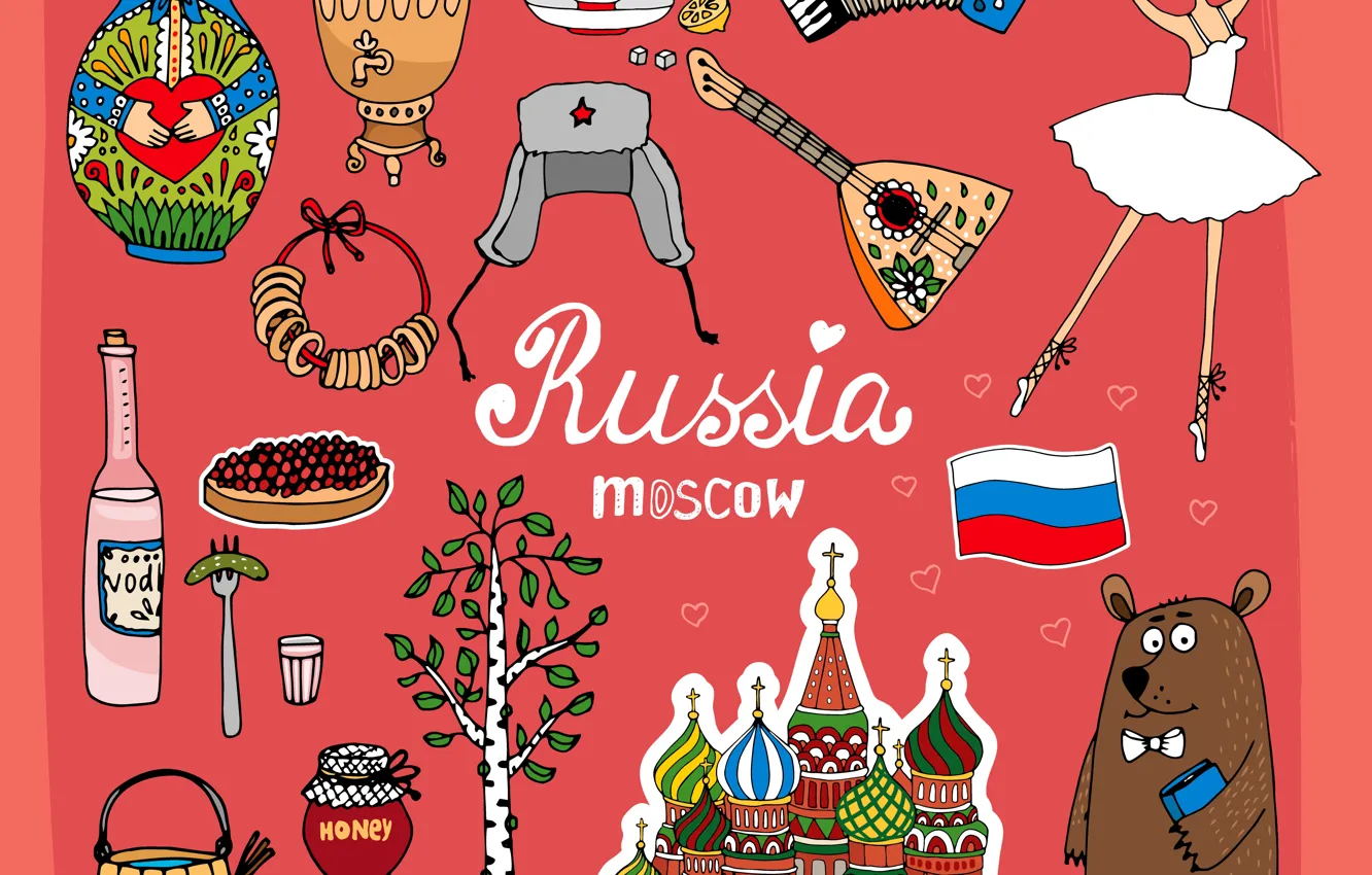 Фото обои Собор, Церковь, Флаг, Москва, Медведь, Собор Василия Блаженного, Россия, Водка