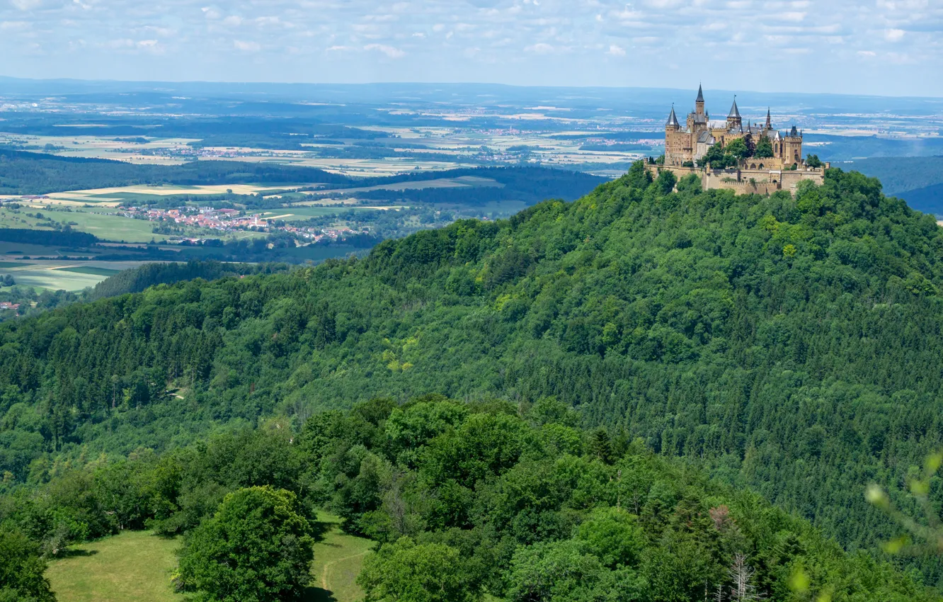 Фото обои лес, замок, Германия, холм, Гогенцоллерн, Hohenzollern Castle