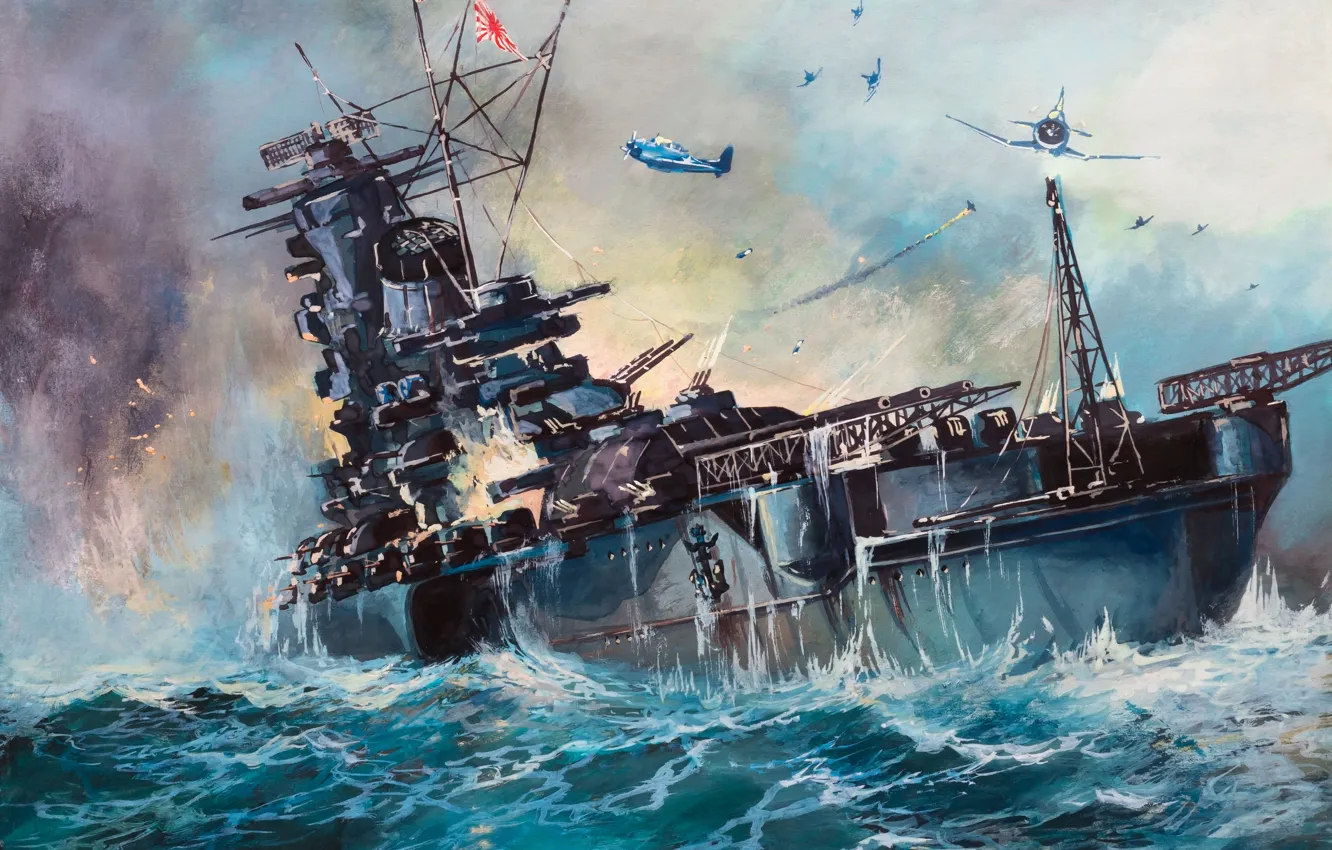 Фото обои атака, корабль, масло, взрывы, всплески, Япония, бой, арт