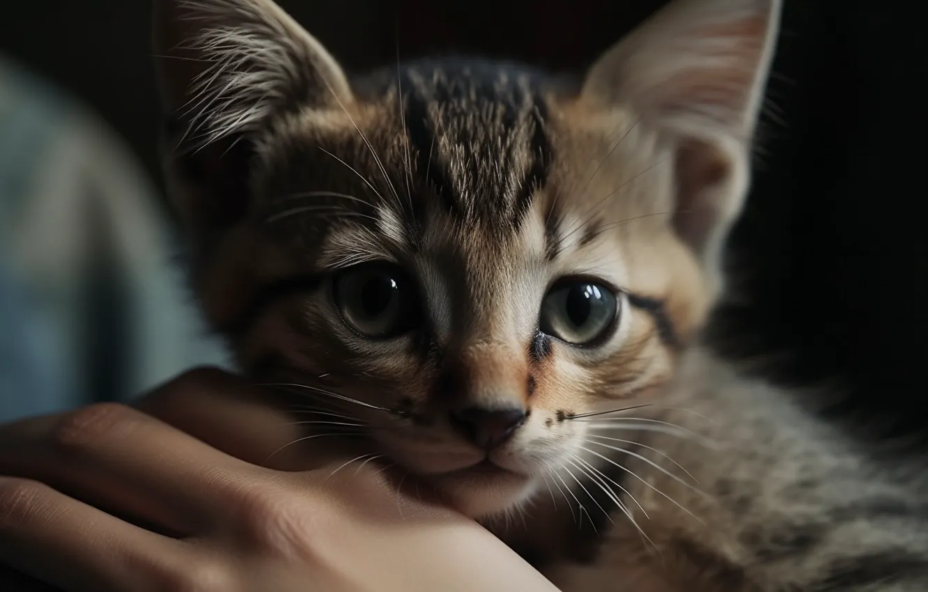 Фото обои грусть, кошка, кот, взгляд, котенок, рука, портрет, арт