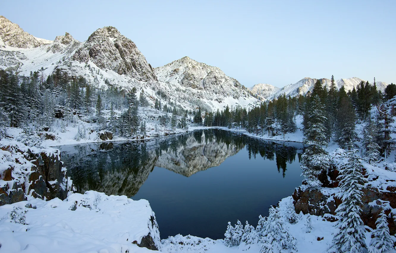 Фото обои зима, лес, небо, снег, деревья, горы, озеро