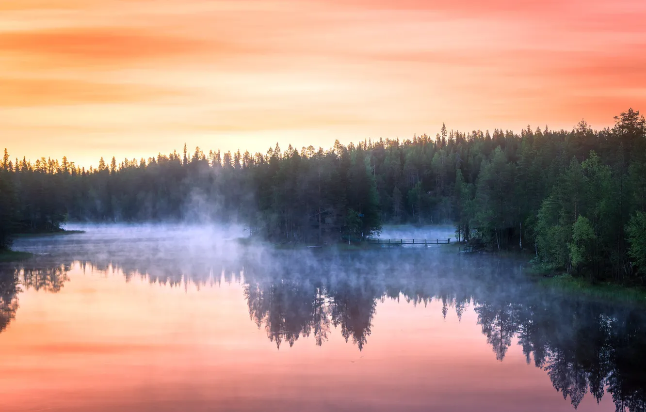 Фото обои закат, туман, озеро