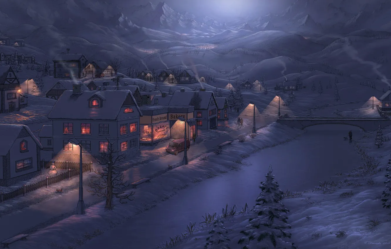 Фото обои зима, небо, горы, ночь, мост, река, улица, дома