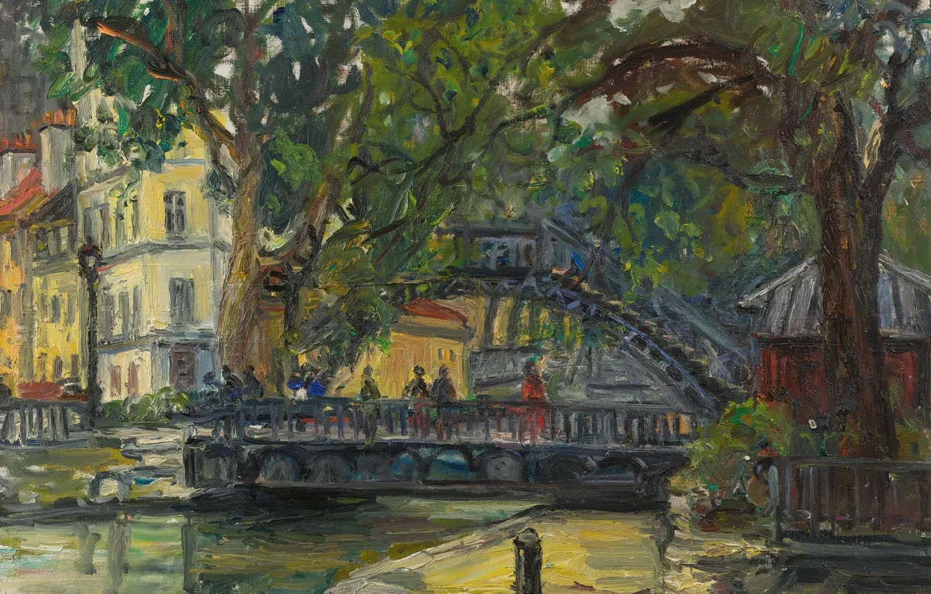 Фото обои деревья, мост, дома, картина, городской пейзаж, Канал Сен-Мартен. Париж, Arbit Blatas