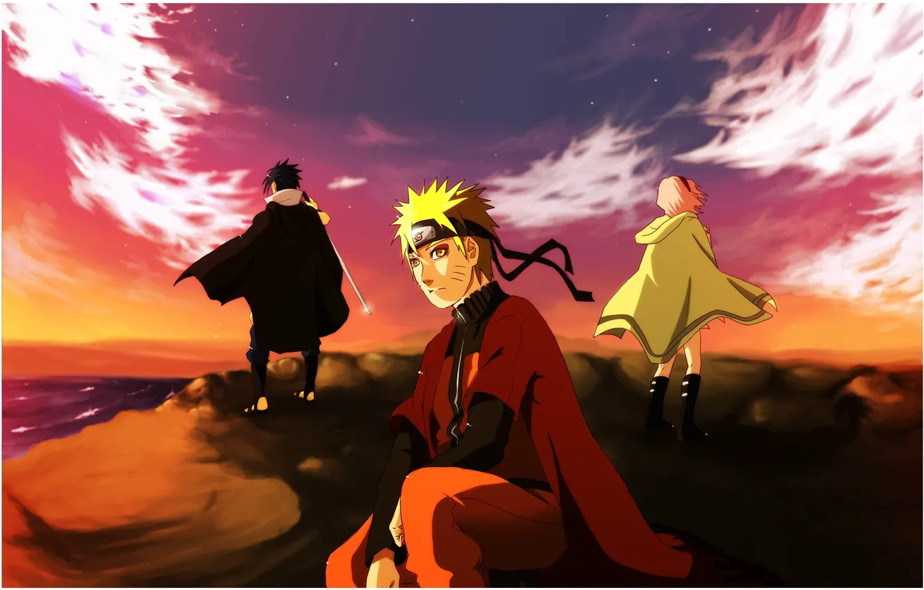 Фото обои море, закат, naruto, art, утёс, Sakura Haruno, Uchiha Sasuke, Naruto Uzumaki