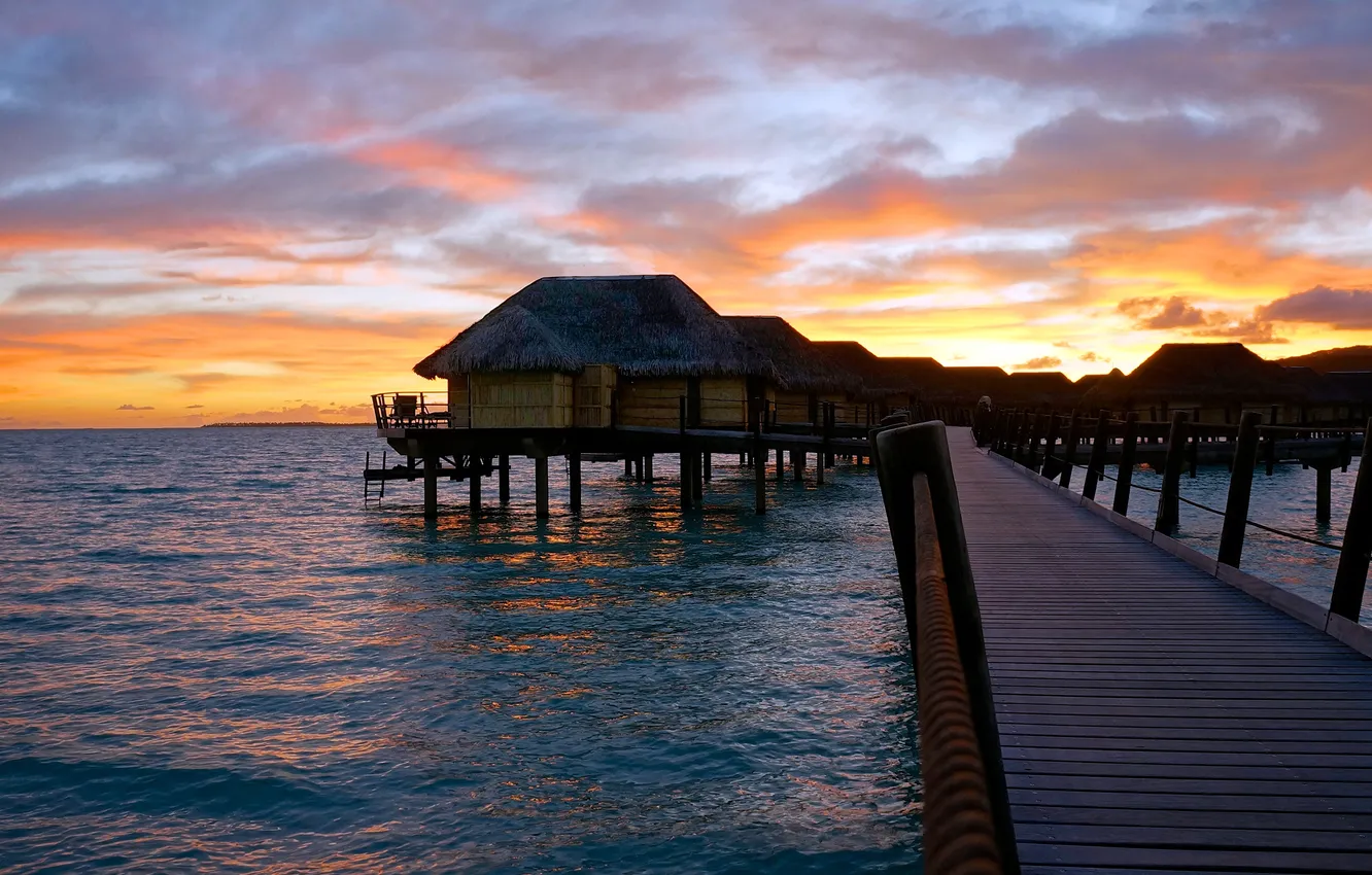 Фото обои восход, океан, мостик, French Polynesia, Французская Полинезия