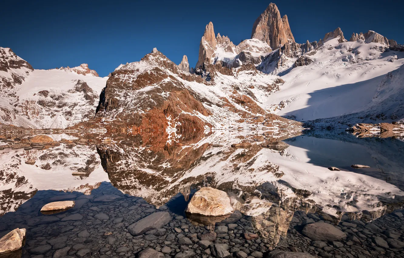 Фото обои небо, снег, горы, озеро, отражение, зеркало