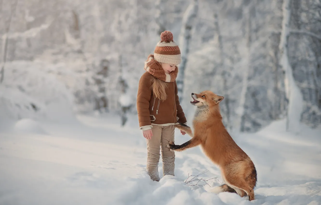 Фото обои зима, лес, снег, настроение, лиса, девочка, рыжая, друзья