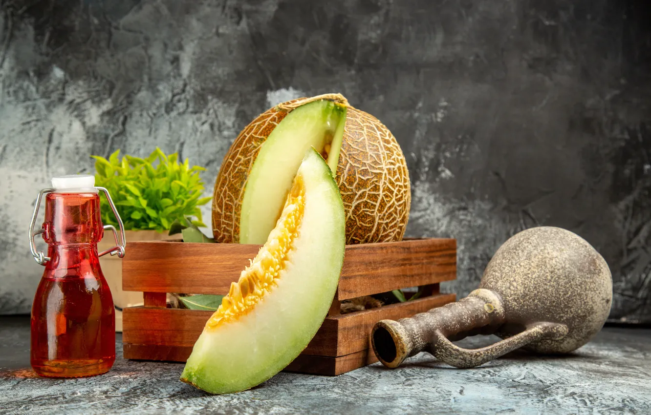 Фото обои кувшин, ящик, ломтики, дыня