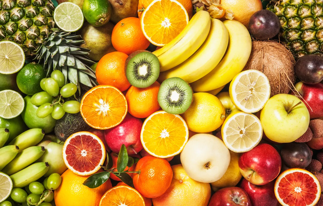 Фото обои яблоки, апельсины, киви, виноград, бананы, фрукты, яркие цвета, много