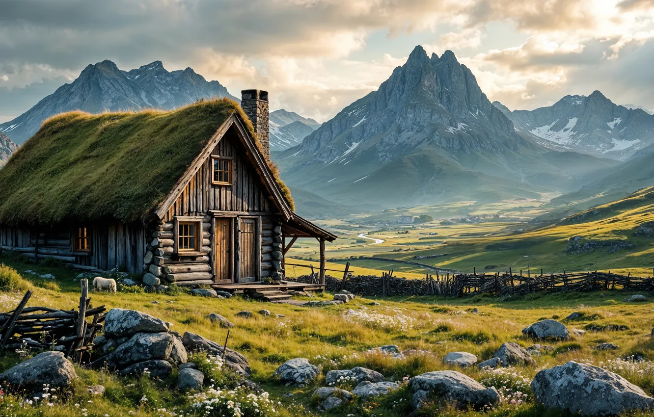 Фото обои небо, горы, тучи, природа, дом, хижина, landscape, луга