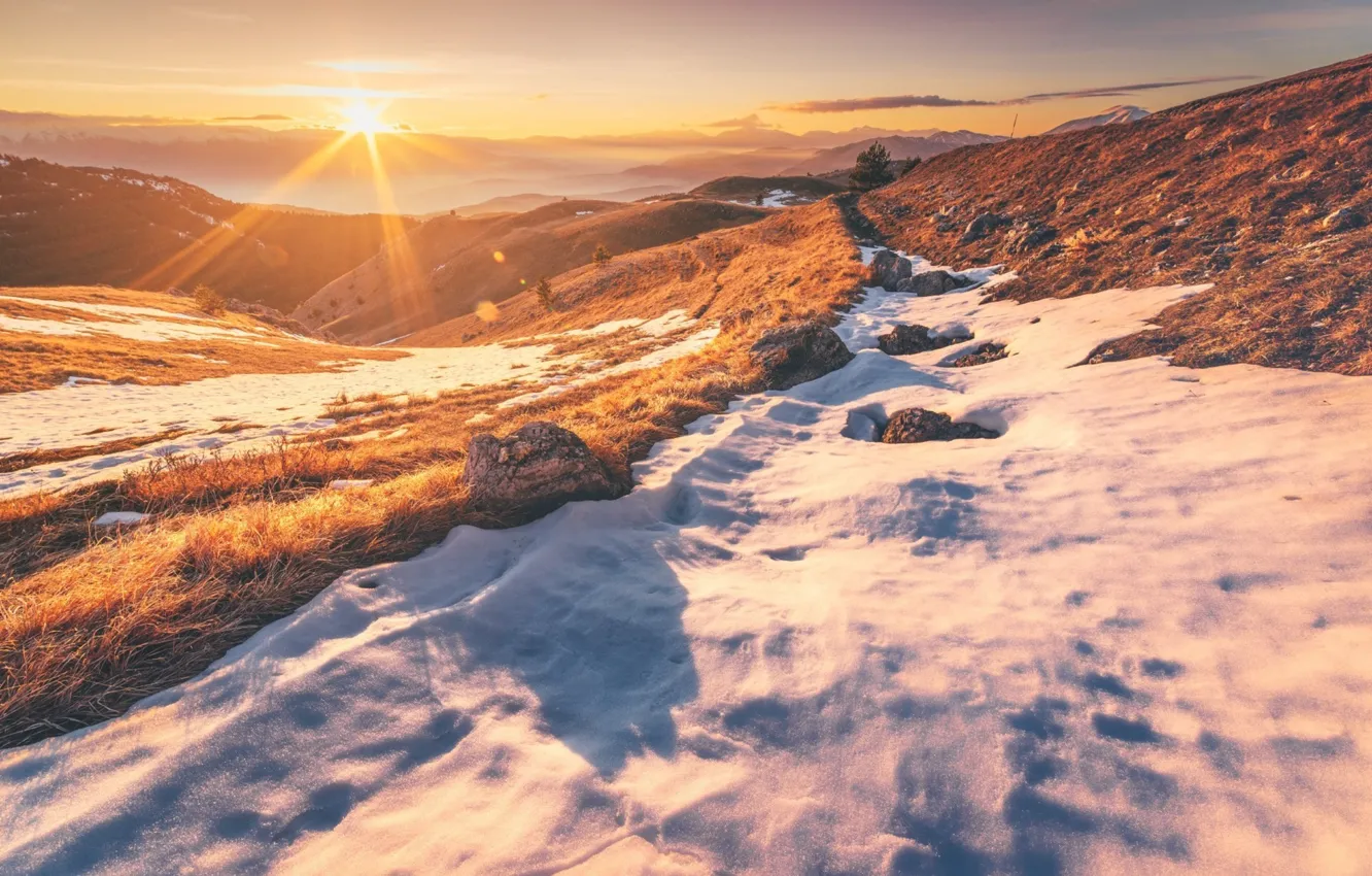 Фото обои лед, зима, небо, солнце, свет, снег, закат, горы