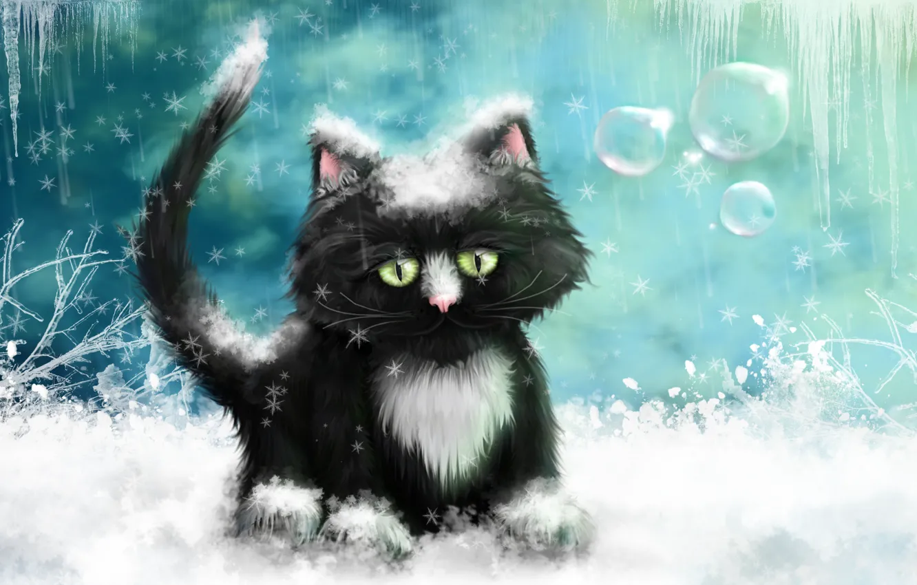 Фото обои зима, кот, снег, рисунок, лёд, картина, сосульки, морозы