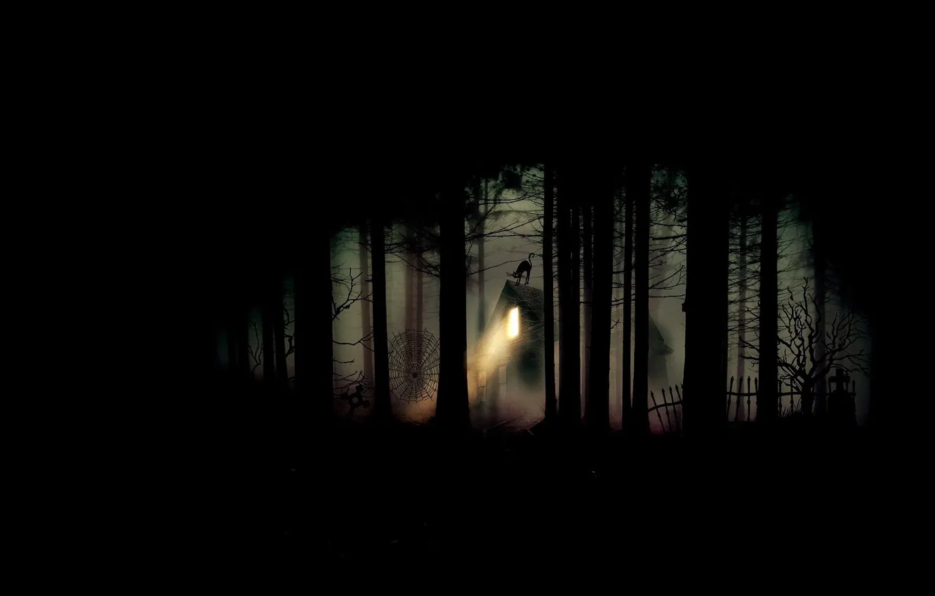 Фото обои лес, ночь, тьма, паутина, кладбище, хижина, черный кот, проклятое место