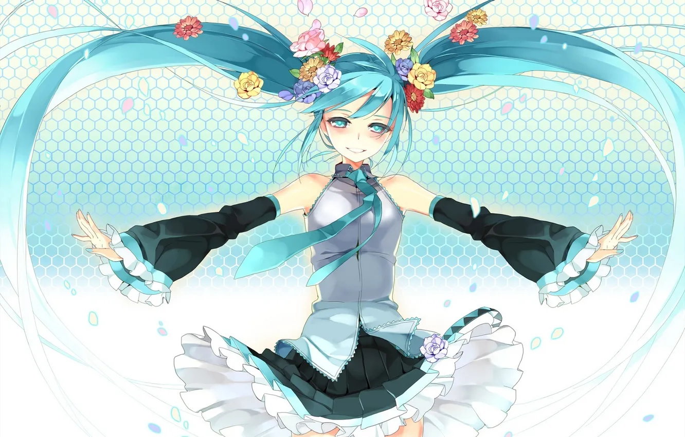 Фото обои девушка, цветы, улыбка, арт, галстук, vocaloid, hatsune miku, вокалоид