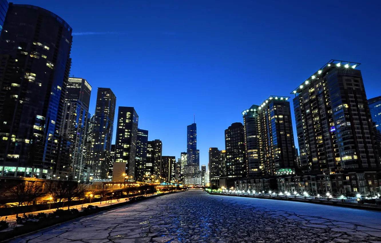 Фото обои ночь, город, здания, небоскребы, Чикаго, Иллинойс