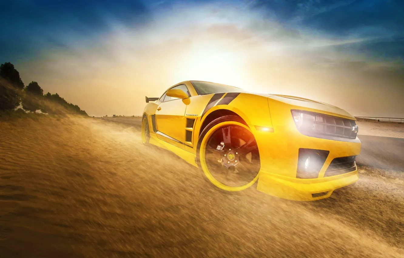 Фото обои Chevrolet, Camaro, Car, Front, Sun, Yellow, Transformers, Bumblebee