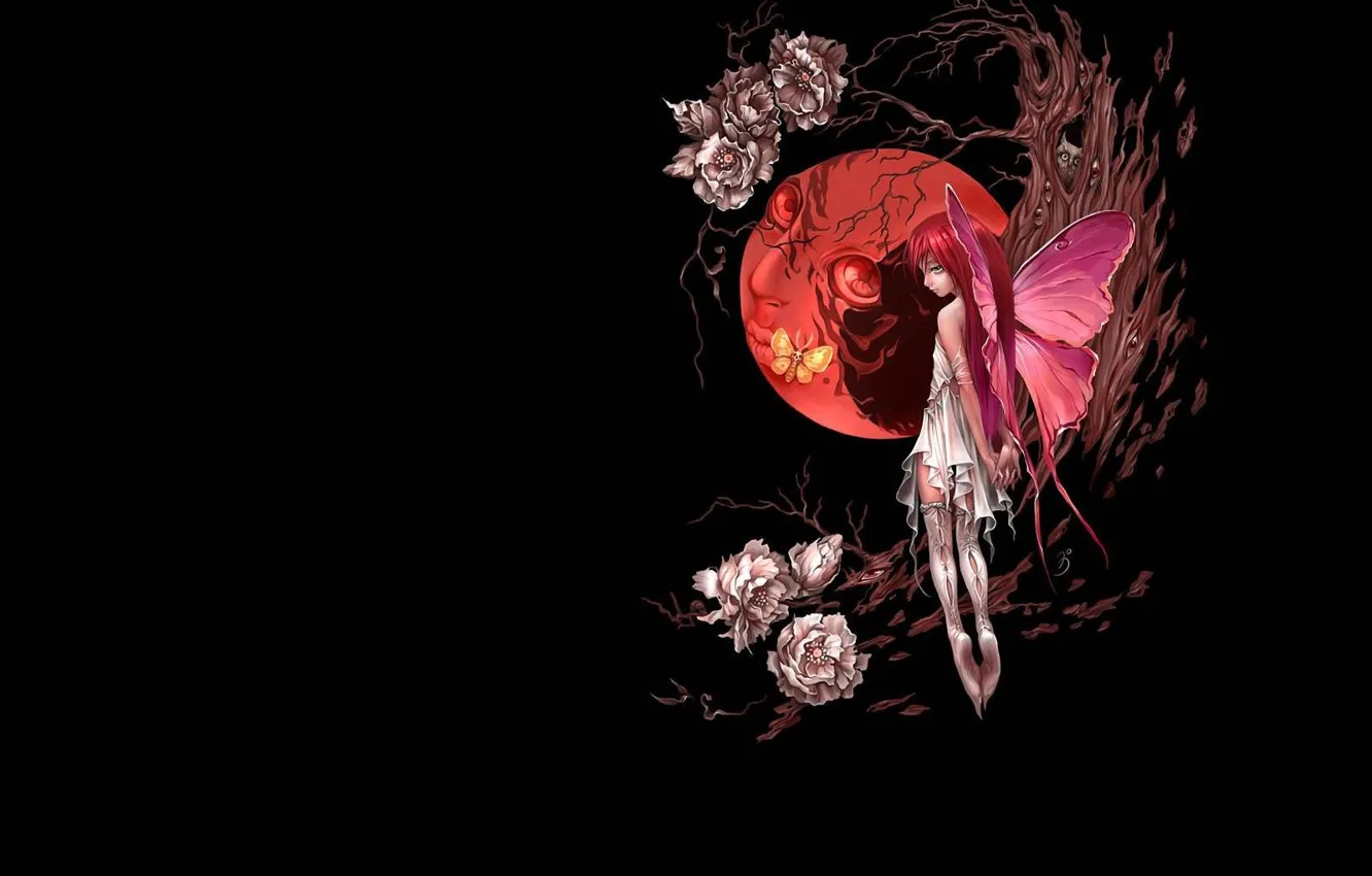 Фото обои цветок, девушка, фентези, фантазия, дерево, сова, луна, бабочка