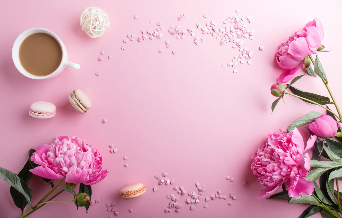 Фото обои кофе, печенье, розовые, пионы, Julia Sudnitskaya