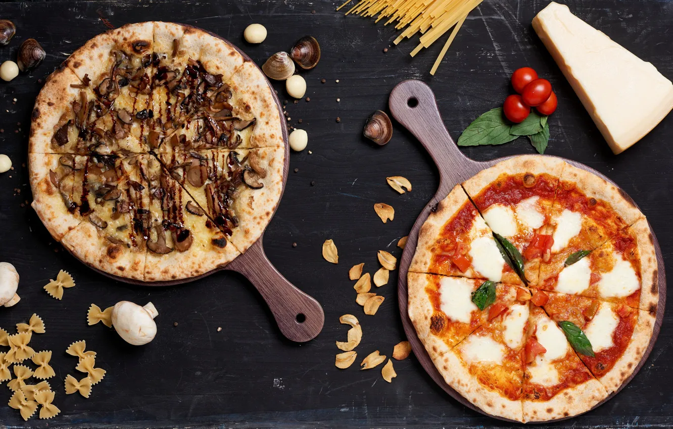 Фото обои грибы, сыр, морепродукты, тесто, макароны, пиццы