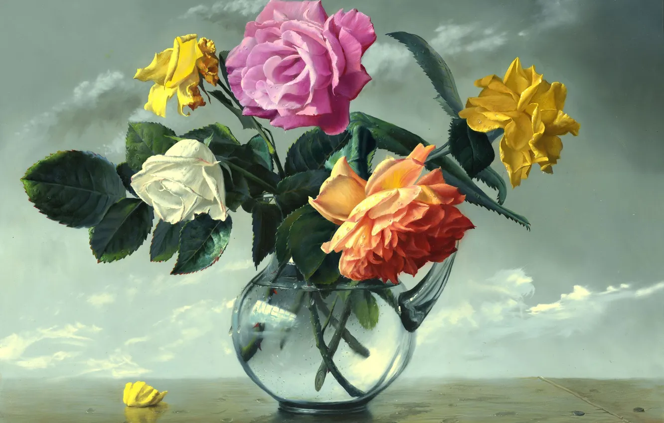 Фото обои цветы, розы, ваза, живопись, стеклянная ваза, Alexei Antonov, Still Life, Alexey Antonov