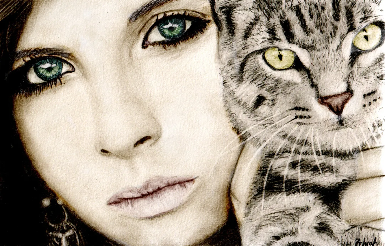 Фото обои кот, взгляд, девушка, лицо, ресницы, животное, серьги, зеленые глаза