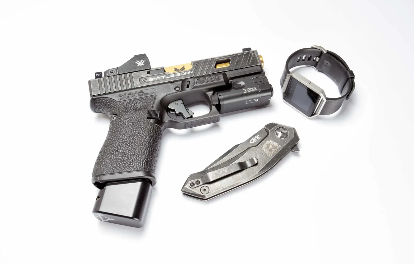 Фото обои пистолет, часы, нож, Glock