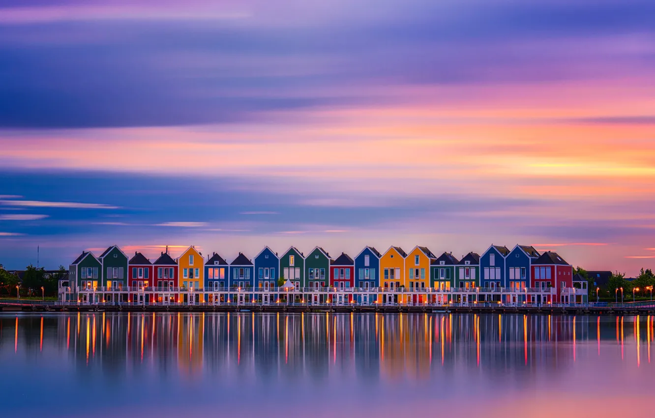 Фото обои город, огни, краски, дома, вечер, утро, Нидерланды