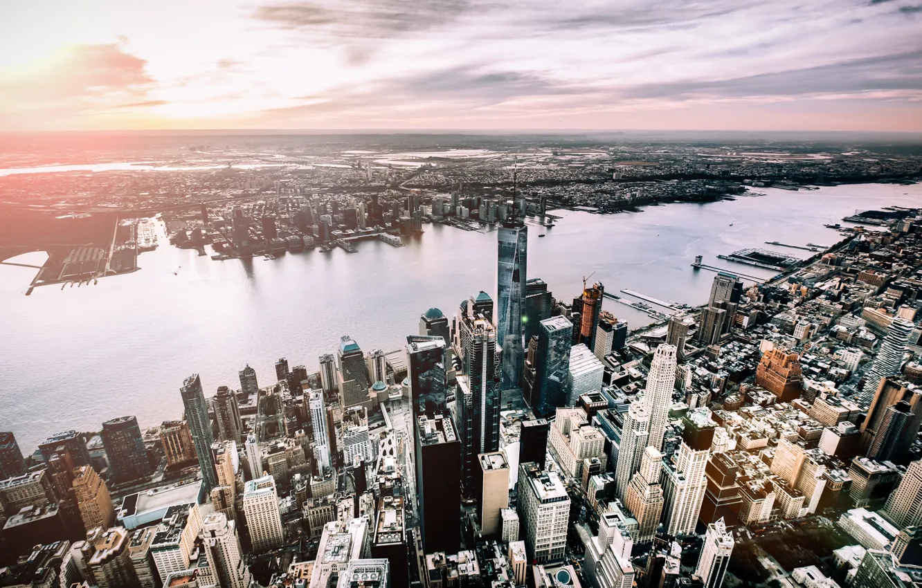 Фото обои закат, город, New York