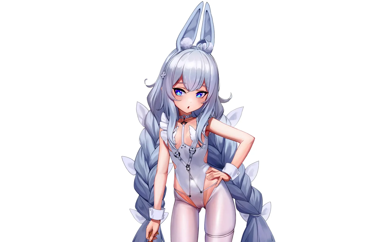 Фото обои girl, sexy, cleavage, thighhighs, long hair, boobs, anime, blue eyes
