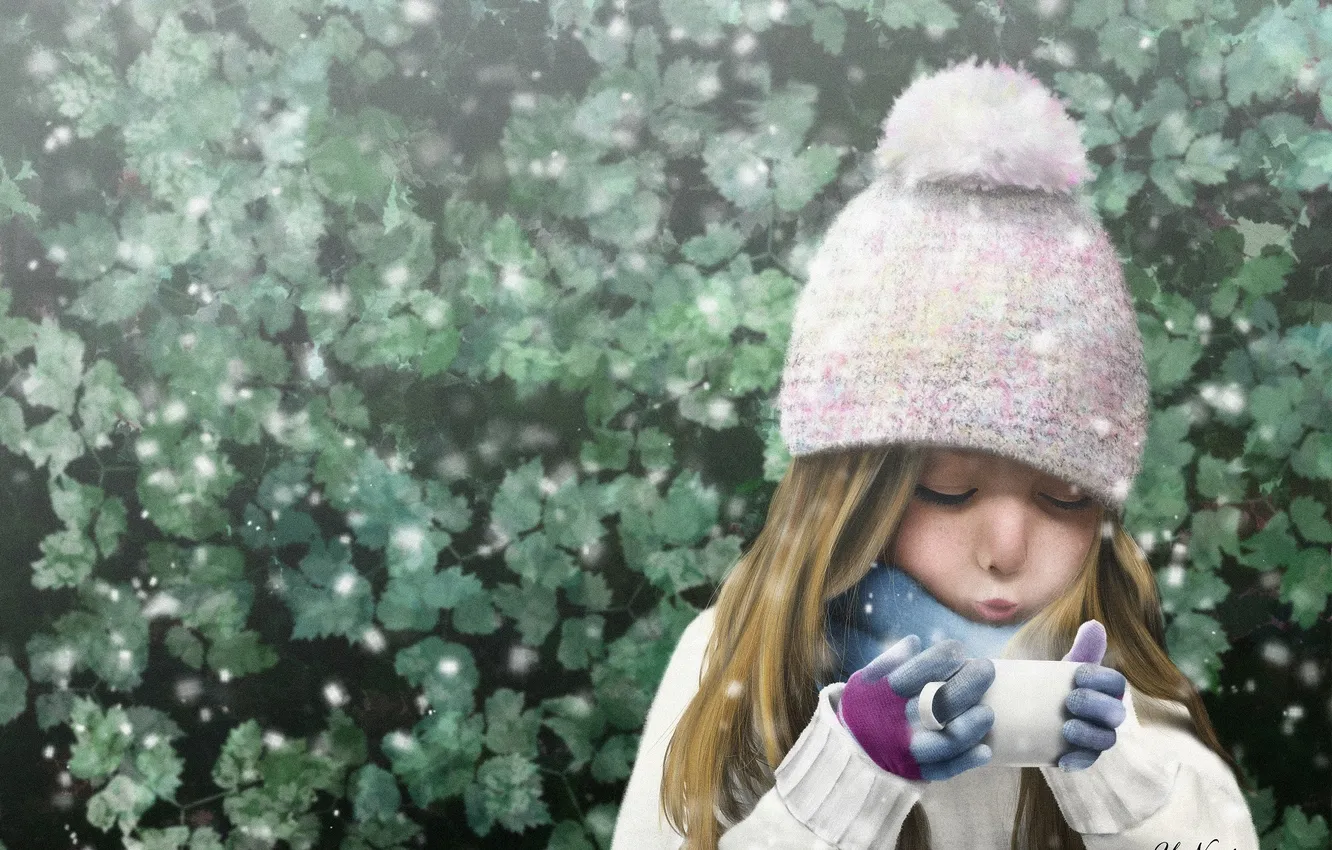 Фото обои холод, снег, шапка, куст, арт, пар, девочка, кружка