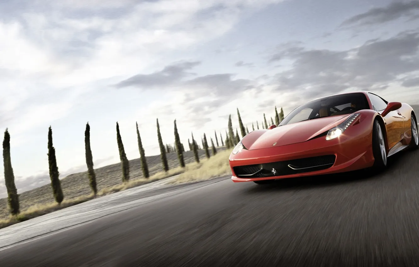 Фото обои дорога, машина, небо, пейзаж, разметка, обои, Феррари, Ferrari
