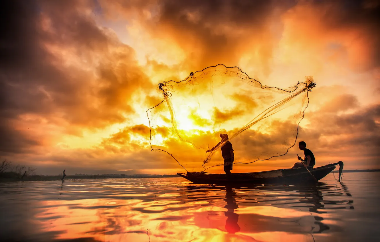 Фото обои ночь, природа, сети, озеро, лодка, рыбалка