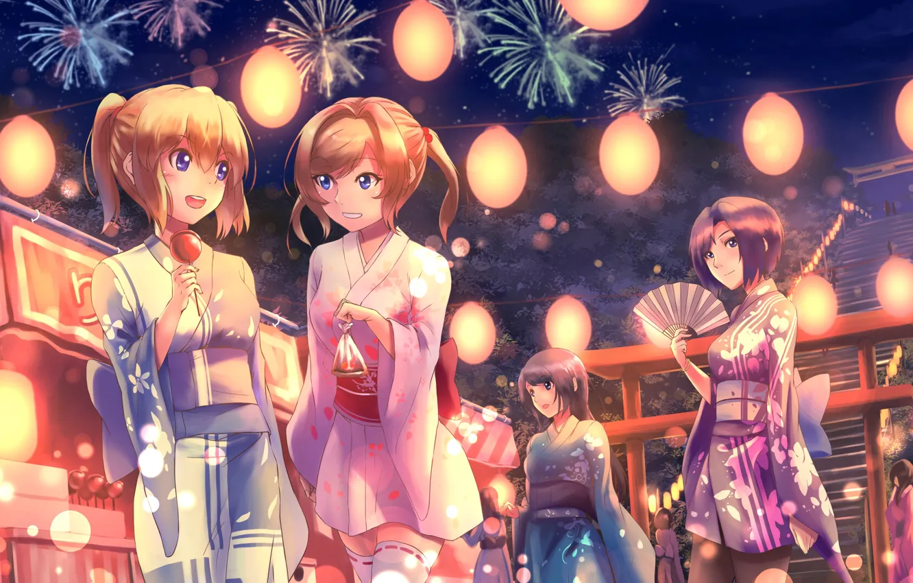 Фото обои Япония, веер, кимоно, фейерверки, фонарики, подруги, фестиваль, четыре девушки