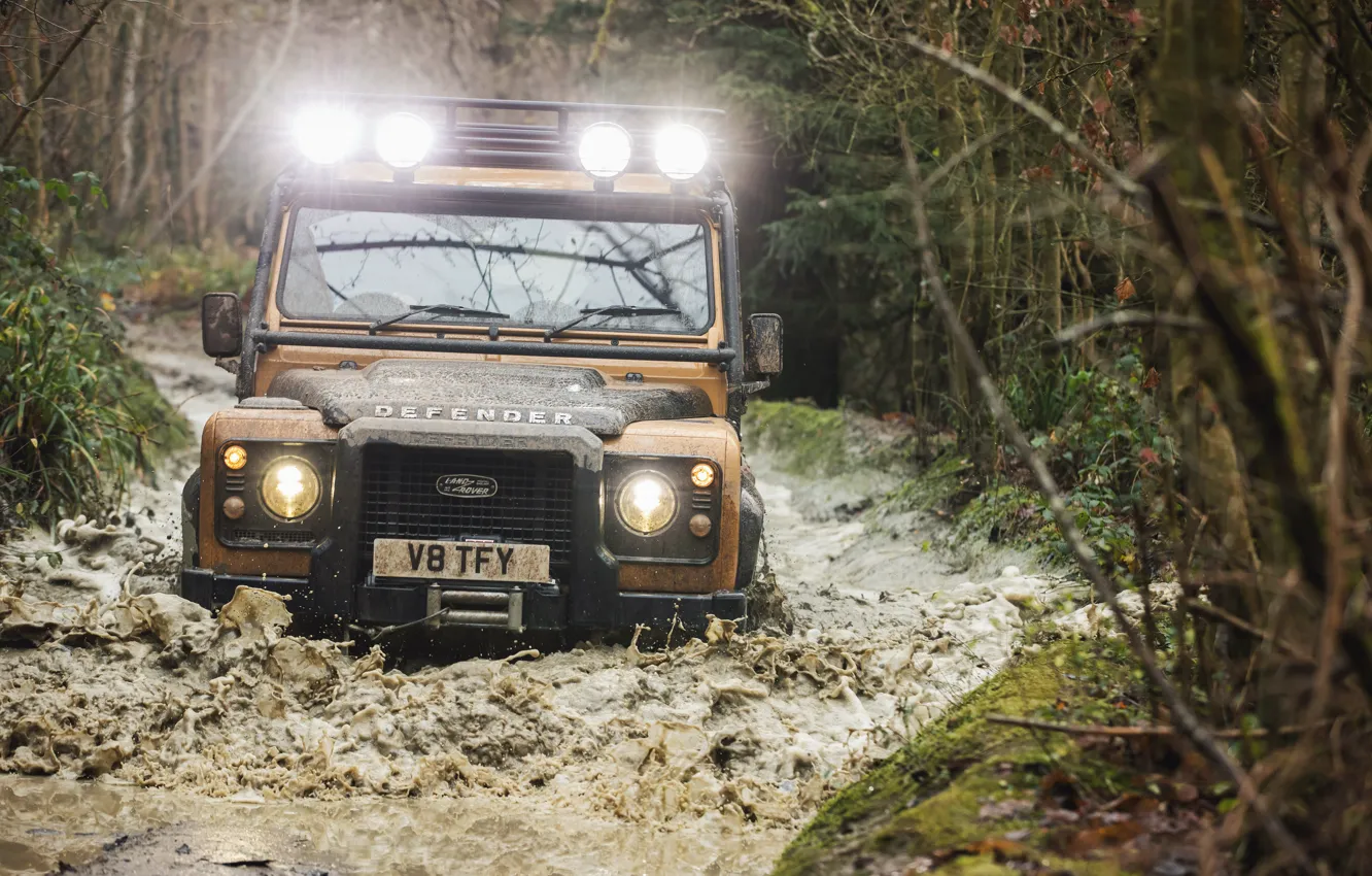 Фото обои Грязь, Land Rover, Жёлтый, Внедорожник, Defender, Ленд Ровер, 2021, 405 л.с.