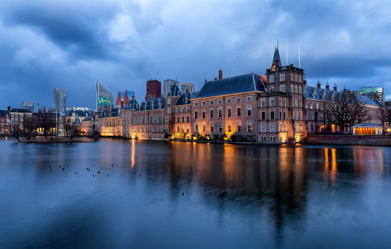 Фото обои небо, вода, город, пруд, дома, небоскребы, вечер, Нидерланды