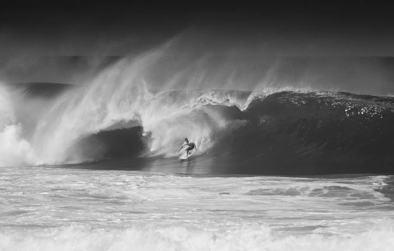 Фото обои океан, волна, Hawaii, черно-белое фото, Oahu, North Shore, cерфигист