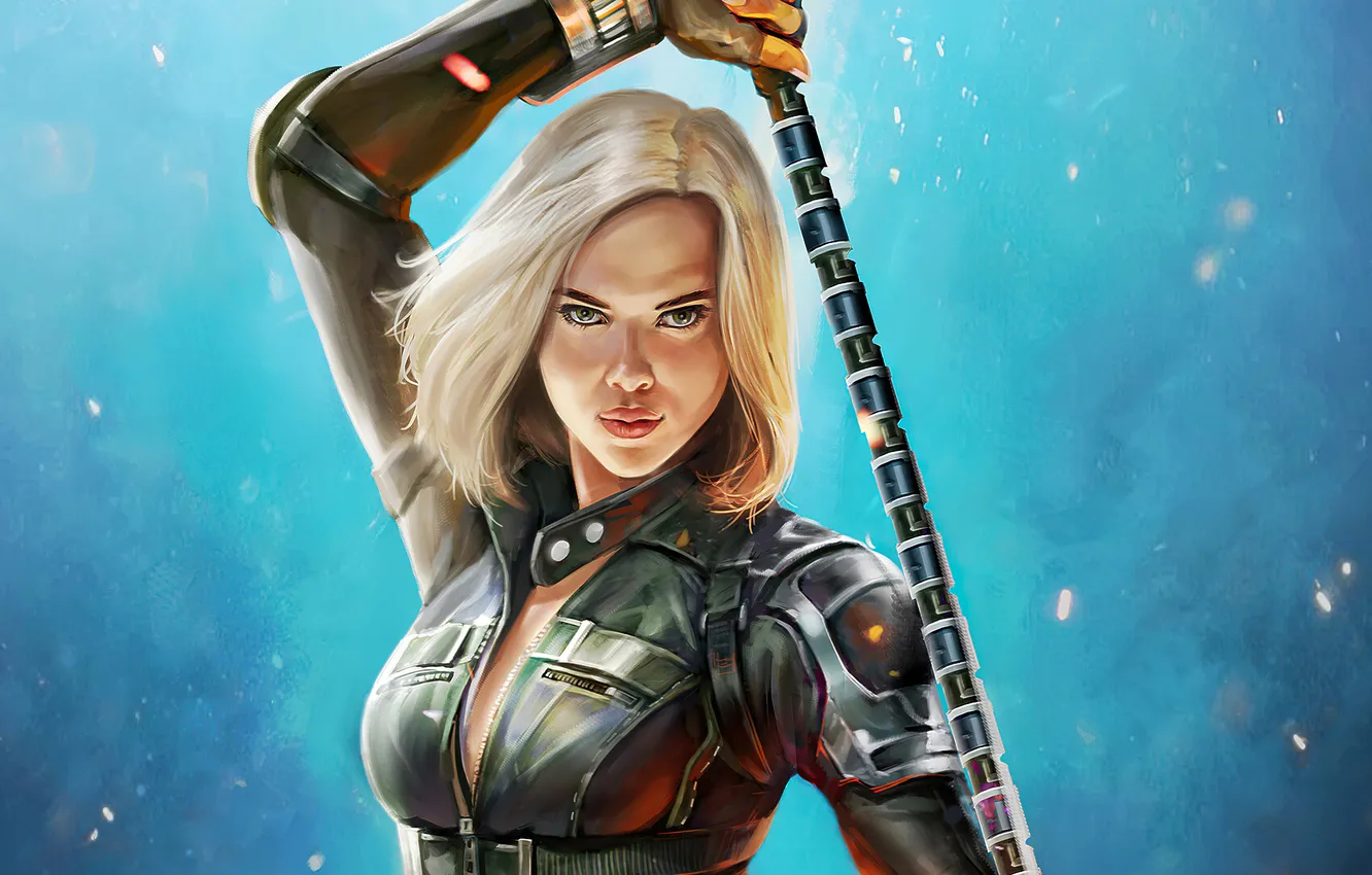 Фото обои фон, рисунок, Scarlett Johansson, арт, блондинка, костюм, Скарлетт Йоханссон, красотка