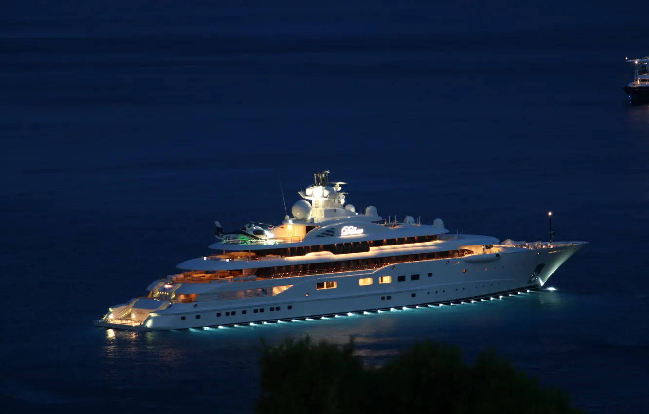 Фото обои ночь, яхта, вертолет, night, helicopter, yacht, море., супер яхта