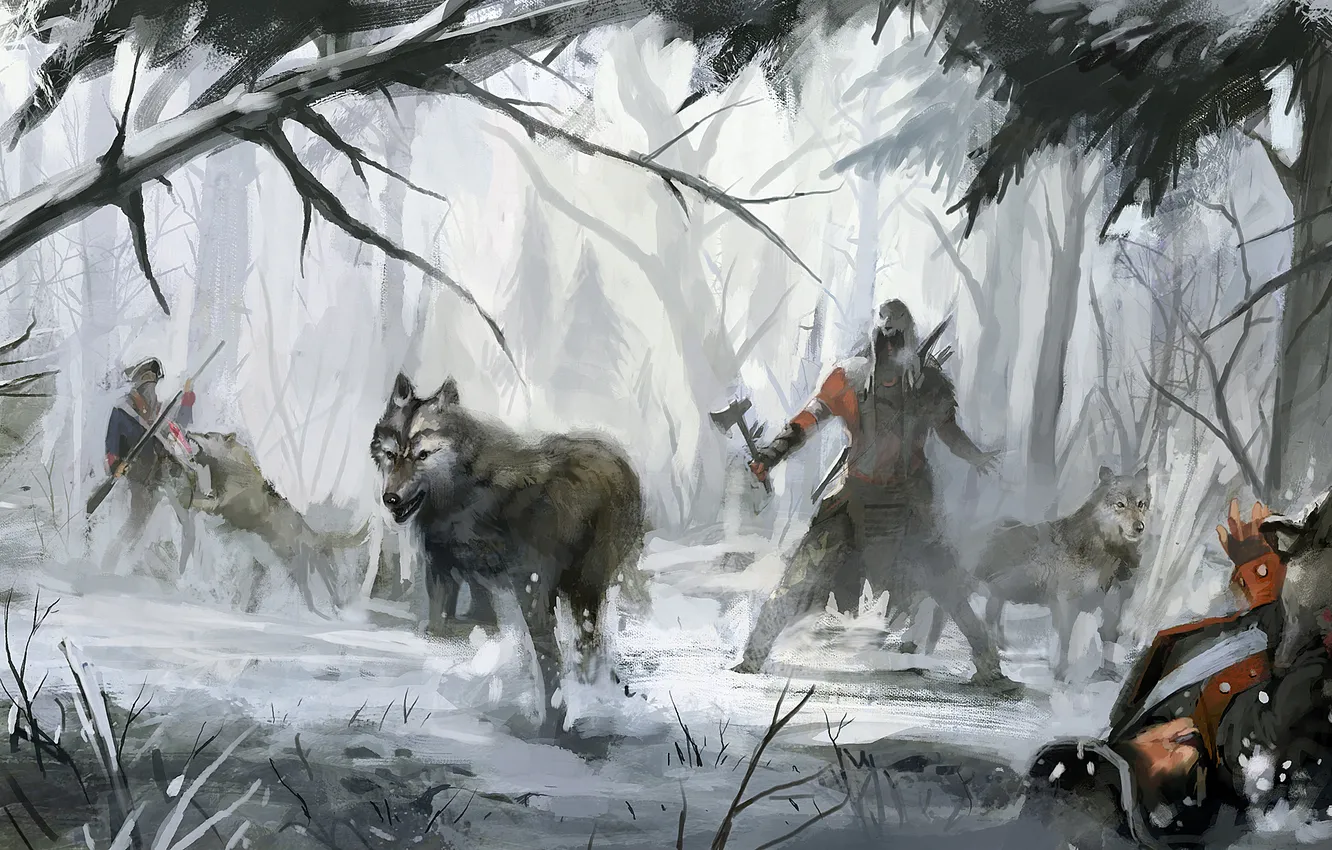 Фото обои лес, волки, assassins creed 3, коннор