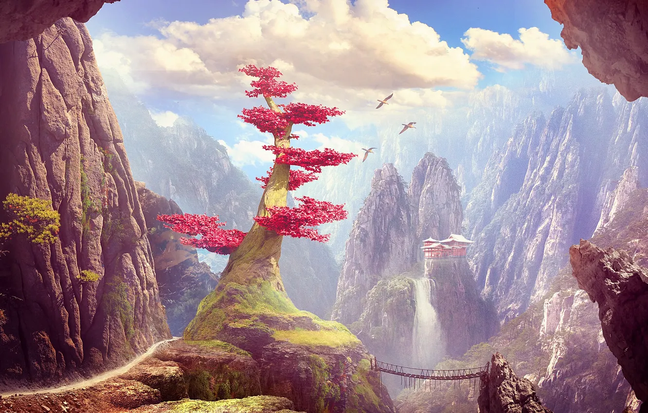 Фото обои пейзаж, горы, птицы, замок, дерево, скалы