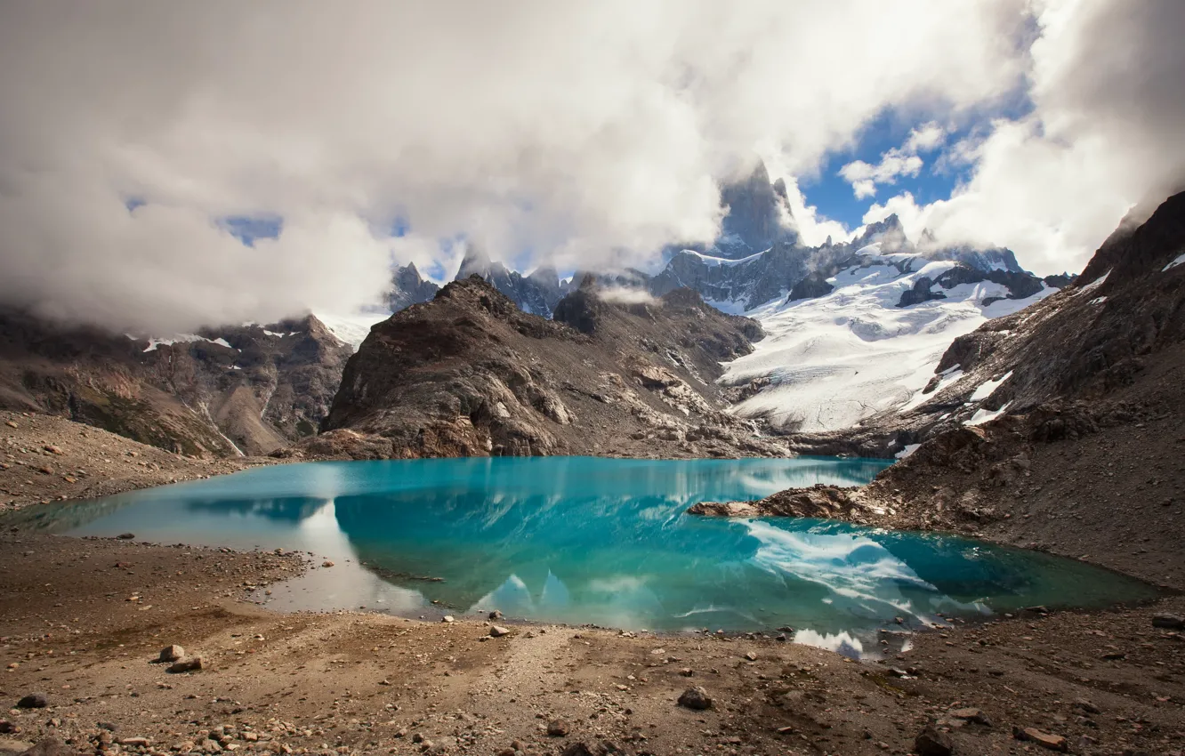 Фото обои облака, снег, горы, озеро
