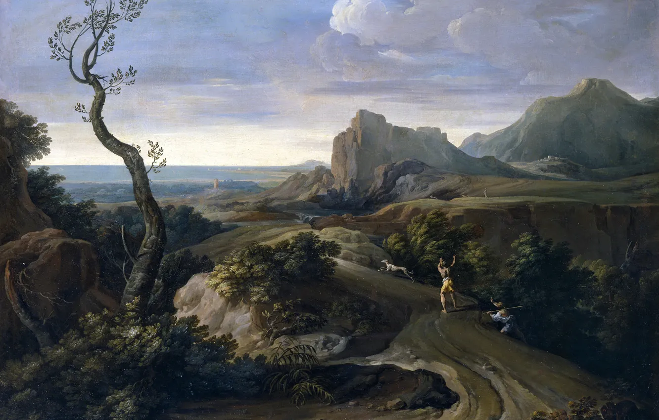 Фото обои дерево, скалы, собака, картина, охотник, Коррадо Джаквинто, Пейзаж с Охотниками