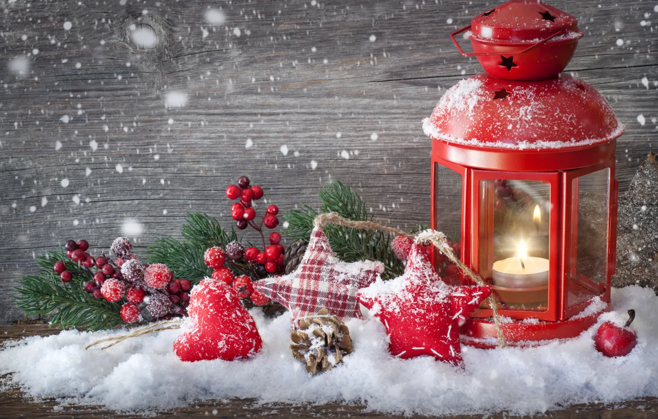 Фото обои звезды, снег, игрушки, свеча, ветка, Новый Год, Рождество, шишка