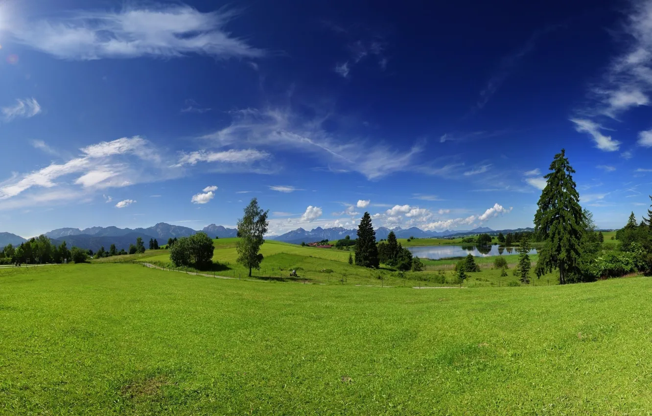 Фото обои поле, небо, деревья, озеро, поляна, забор