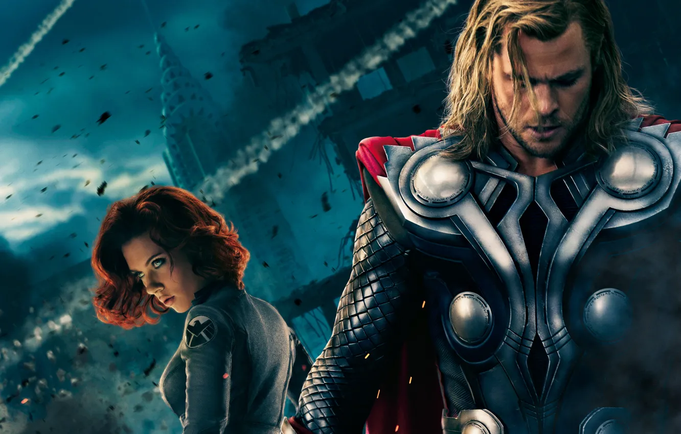 Фото обои скарлетт йоханссон, Крис Хемсворт, Мстители, The Avengers